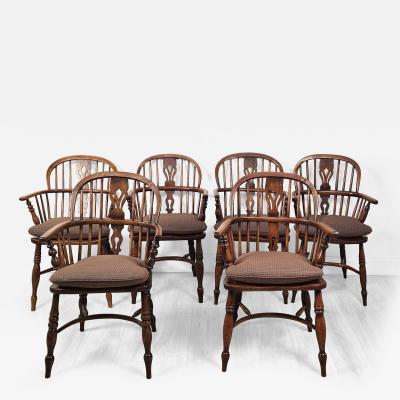 Set of Six Antique English Oak Windsor Armchairs 19th century
