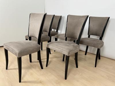 Set of Six Art Deco Chairs Black Lacquer Grey Alcantara France circa 1930