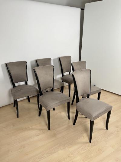 Set of Six Art Deco Chairs Black Lacquer Grey Alcantara France circa 1930