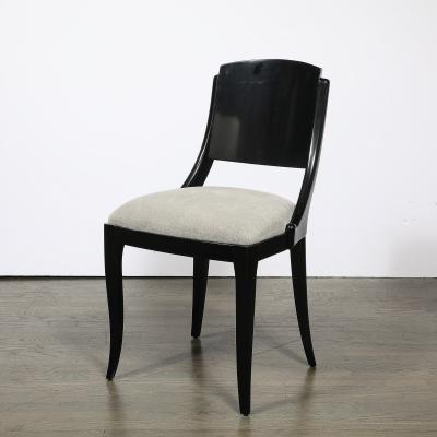 Set of Six Art Deco Sculptural Dining Chairs in Ebonized Walnut Taupe Mohair