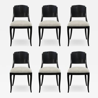 Set of Six Art Deco Sculptural Dining Chairs in Ebonized Walnut Taupe Mohair