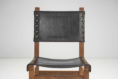 Set of Six Brutalist Oak and Leather Dining Chairs France 1960s