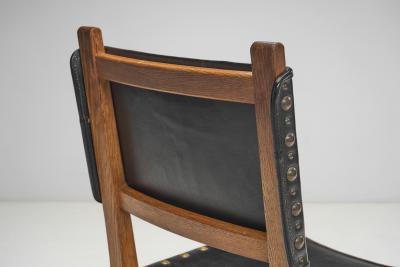 Set of Six Brutalist Oak and Leather Dining Chairs France 1960s