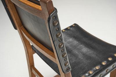 Set of Six Brutalist Oak and Leather Dining Chairs France 1960s