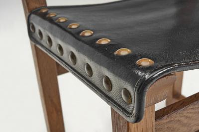 Set of Six Brutalist Oak and Leather Dining Chairs France 1960s