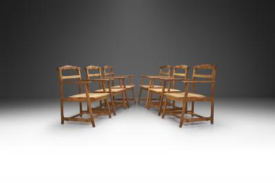 Set of Six Brutalist Solid Oak Dining Chairs Europe 1960s