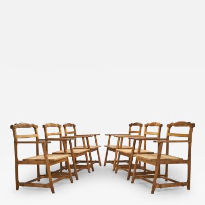 Set of Six Brutalist Solid Oak Dining Chairs Europe 1960s