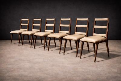 Set of Six Chairs in Hardwood Beige Leather Unknown 1950s
