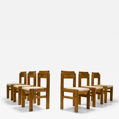Set of Six Dining Chairs in Solid Pine and Sheep Curl Boucl France 1970s