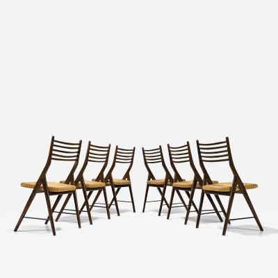 Set of Six Elegant Dining Chairs in Teak and Wicker Italy 1970s