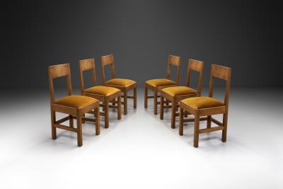 Set of Six Haagse School Oak Dining Chairs with Velour Seats Netherlands 1930s