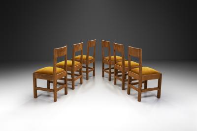 Set of Six Haagse School Oak Dining Chairs with Velour Seats Netherlands 1930s