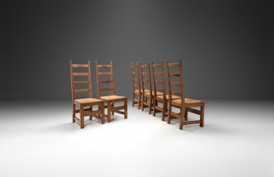 Set of Six High Back Oak and Rush Dining Chairs France ca 1950s