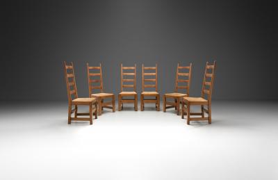 Set of Six High Back Oak and Rush Dining Chairs France ca 1950s
