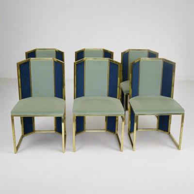 Set of Six Hollywood Regency Style Side Chairs with Brass Frames