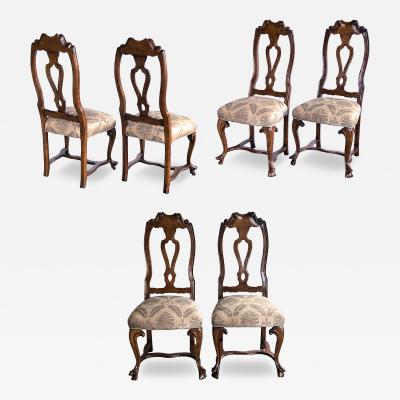 Set of Six Italian Rococo Style Carved Walnut Side Dining Chairs