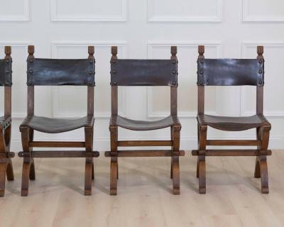 Set of Six Mid 20th Century Spanish Walnut and Leather Dining Chairs