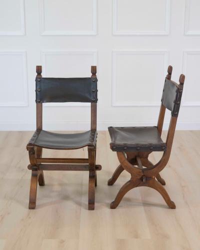 Set of Six Mid 20th Century Spanish Walnut and Leather Dining Chairs