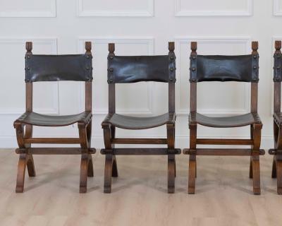 Set of Six Mid 20th Century Spanish Walnut and Leather Dining Chairs