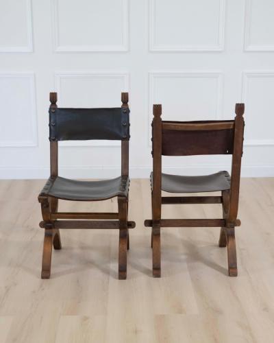 Set of Six Mid 20th Century Spanish Walnut and Leather Dining Chairs