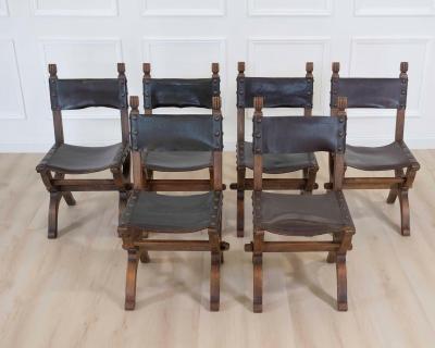 Set of Six Mid 20th Century Spanish Walnut and Leather Dining Chairs