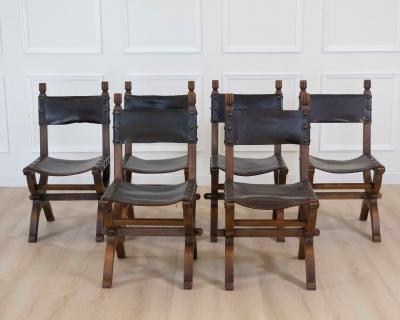 Set of Six Mid 20th Century Spanish Walnut and Leather Dining Chairs