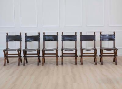 Set of Six Mid 20th Century Spanish Walnut and Leather Dining Chairs