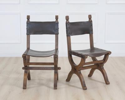 Set of Six Mid 20th Century Spanish Walnut and Leather Dining Chairs