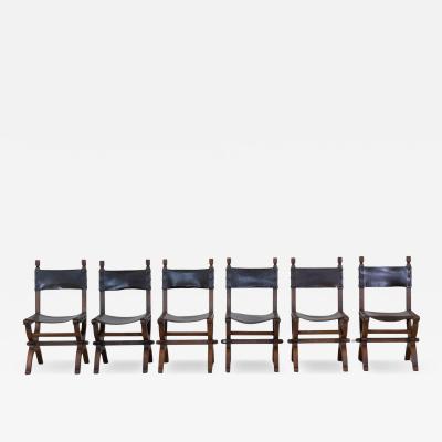 Set of Six Mid 20th Century Spanish Walnut and Leather Dining Chairs