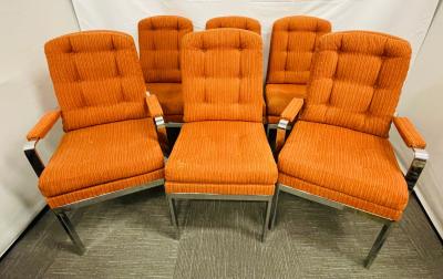 Set of Six Mid Century Modern Dining Chairs Milo Baughman Style Chrome Fabric