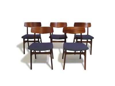 Set of Six Mid century Danish Teak Dining Chairs in Purple Wool Textile