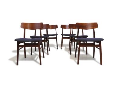 Set of Six Mid century Danish Teak Dining Chairs in Purple Wool Textile