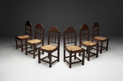 Set of Six Oak and Straw Dining Chairs with Geometric Backs Spain ca 1930s