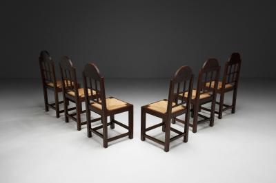 Set of Six Oak and Straw Dining Chairs with Geometric Backs Spain ca 1930s