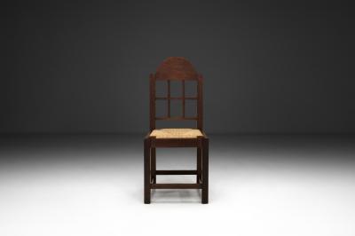 Set of Six Oak and Straw Dining Chairs with Geometric Backs Spain ca 1930s