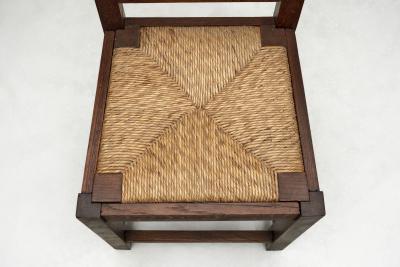 Set of Six Oak and Straw Dining Chairs with Geometric Backs Spain ca 1930s
