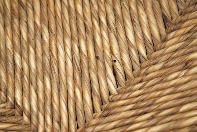 Set of Six Oak and Straw Dining Chairs with Geometric Backs Spain ca 1930s