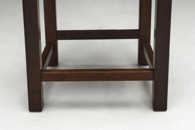 Set of Six Oak and Straw Dining Chairs with Geometric Backs Spain ca 1930s
