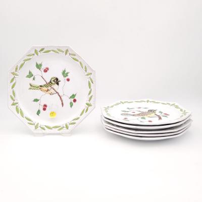 Set of Six Octagonal Fa ence Bird Plates Italy circa 1950