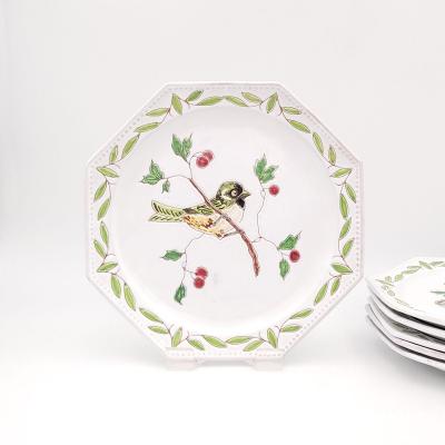 Set of Six Octagonal Fa ence Bird Plates Italy circa 1950