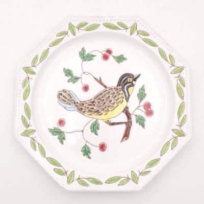 Set of Six Octagonal Fa ence Bird Plates Italy circa 1950