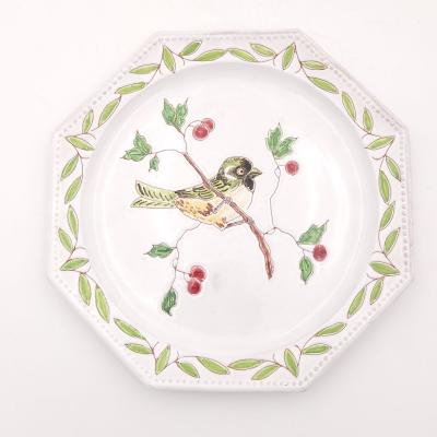 Set of Six Octagonal Fa ence Bird Plates Italy circa 1950