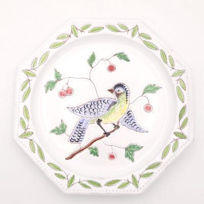 Set of Six Octagonal Fa ence Bird Plates Italy circa 1950