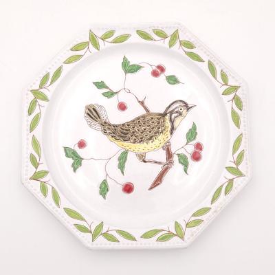 Set of Six Octagonal Fa ence Bird Plates Italy circa 1950