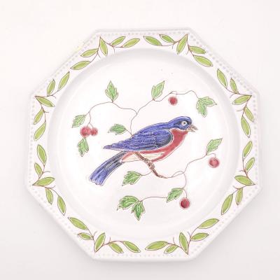 Set of Six Octagonal Fa ence Bird Plates Italy circa 1950