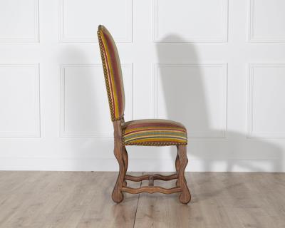 Set of Six Pegged Oak Mutton Leg Dining Chairs with Striped Upholstery