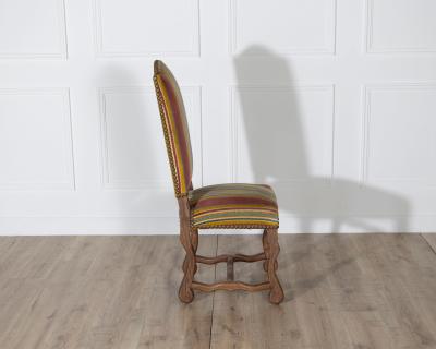 Set of Six Pegged Oak Mutton Leg Dining Chairs with Striped Upholstery