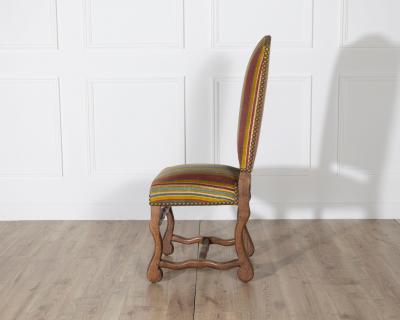 Set of Six Pegged Oak Mutton Leg Dining Chairs with Striped Upholstery