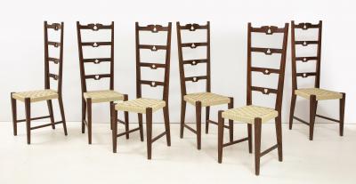 Set of Six Rustic Italian Walnut Ladder Back Chairs Tuscany 1960
