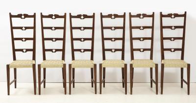Set of Six Rustic Italian Walnut Ladder Back Chairs Tuscany 1960